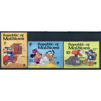 Мальдивы - 1979г. - мультфильмы Уолта Диснея - 3 марки - MNH, чистая, без клея, 2 марки с жёлтыми пятнами на клее. #3-WB-72-KS-1