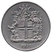 Республика Исландия. 10 крон 1971. Флора: Берёза пушистая. Мифология: Бык Гридунгур, Орёл Гаммур, Дракон Дреки и Великан Бергриси- духи-покровители Исландии.