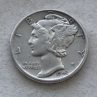 США 10 центов (дайм) 1943 Mercury Dime (Филадельфия - без отметки МД) - серебро 0,900, очень красивый!