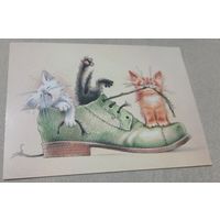 Посткроссинг. Открытка Котики в ботинке, худ.Юлия Корякина (10х15). Прошла почту. Художественные марки, чёткий штемпель.