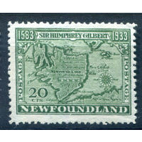 Британские колонии - Ньюфаундленд - 1933г. - карта Ньюфаундленда, 350 лет перехода владения Ньюфаундлендом Хемфри Гилберту, 20 с - 1 марка - чистая, без клея с наклейкой [Mi 211]. #3-WB-82-A-1