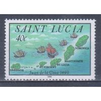 [120] Сент-Люсия 1992. Корабли.Парусники.Колумб.Карта. БЕЗ КЛЕЯ.