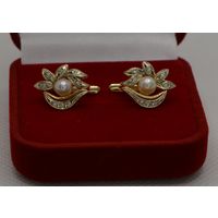 Красивые (Au_585) серьги с жемчугом и фианитами, 5.48 гр
