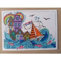 О-12. ПОДПИСАННАЯ ОТКРЫТКА. НИДЕРЛАНДЫ. ОТКРЫТКА РАСКРАСКА. КОРАБЛИК.