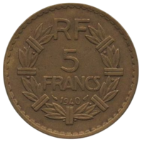 Департаменты Алжир, Константина, Оран и Южные Территории /Французский Алжир/. 5 франков 1940. НЕЧАСТАЯ