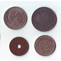 2 эре 1928, 5 эре 1951, 25 эре 1949, 1 крона 1975, Дания.