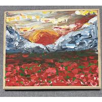 Живопись на доске "Закат в маках"