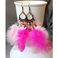 Лот С 1 РУБЛЯ! много лотов! Серьги медные с чешским стеклом Аврора и перьями розовые. без МЦ