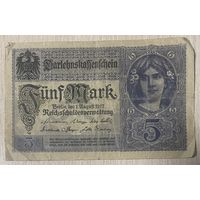 Банкнота 5 марок 1917 год. Германская империя. С рубля без МЦ.