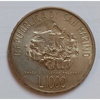 1000 лир 1978 г.  Лев Толстой 150 лет Сан Марино