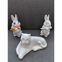Фарфоровые зайцы, тигр.  Добруш,  цена за все