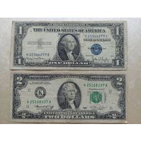 Банкноты доллар 1935 г., 2 доллара 1976 г.  С рубля.