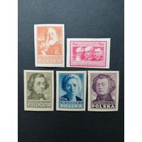 Польша 1947 Неполная серия марок "Польская культура" (чистые* следы от наклеек, наклейка) Mi.464В-465В,467В-468В,470В каталог 7.90 евро