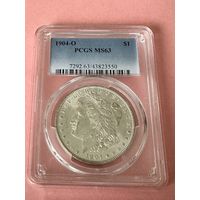 Америка. США 1 доллар Моргана 1904 - "O". Новый Слаб PCGS MS 63