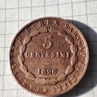 5 чентезимо 1826 года MV. Сардинское Королевство Италия. Карл Феликс.
