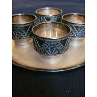 Набор рюмок с подносом мельхиор, скань, СССР 1973г.