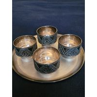 Набор рюмок с подносом мельхиор, скань, СССР 1973г.