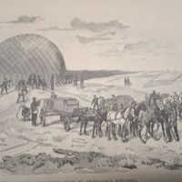 Наполнение воздушнаго шара въ немецкихъ войскахъ. Энциклопедическая гравюра СПБ. 19-20века 24х16см.