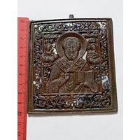 Двухвершковая икона, Николай Чудотворец.Бронза,эмаль, предположительно, середина 19 -го века.С рубля,с адекватной минимальной ценой.