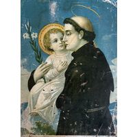 Старинная литография Святой Антоний Падуанский с младенцем