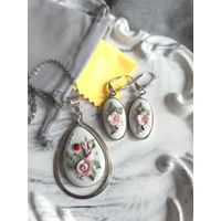 Набор, сет кулон и серьги фарфор, винтаж, СССР, мельхиор. Кисловодск