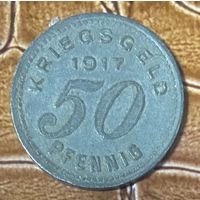 Монета 50 пфеннигов 1917 год. Бармен. Веймарская республика.