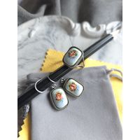 Набор, сет кольцо и серьги финифть, винтаж, СССР, мельхиор