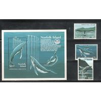 Норфолк-1995,(Мих.581-583, Бл.15) ** , Морская фауна, Киты(полная серия)