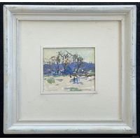 Хмелевский В.В "Солнечный февраль", 1987г. Картон, масло. Размер 13х15 см., с рамой и паспарту 36х36 см.