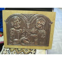 Чеканное медное панно "Иван да Марья" на ДСП 45х34 см.