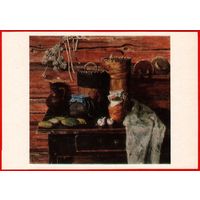 Стожаров туеса и огурцы натюрморт чеснок береста крынка кувшин 1977 живопись СССР