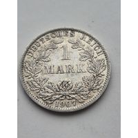 1 марка 1907 года. Германия. Вильгельм II. Серебро 900. Монета не чищена. 45431
