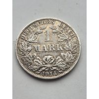 1 марка 1914 года. Германия. Вильгельм II. Серебро 900. Монета не чищена. 45432