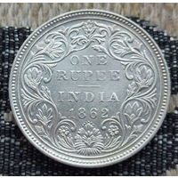 Британская Индия 1 рупия 1862 года, UNC. Королева Виктория. Серебро. Сторгуй за свою цену, предложи обмен! S130-S90