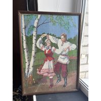Картина старинная вышивка казак с девушкой