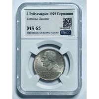 3 рейхсмарки 1929 Германия Лессинг MS 65 нечастый! Серебро