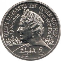 Великобритания 5 фунтов, 2000 100 лет со дня рождения Королевы - Матери UNC