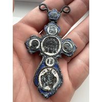 Крестик нательный старинный "Иисус со святыми" с Эмалями Синей и Белой