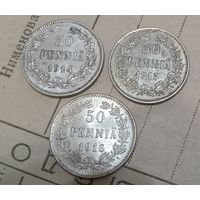 С РУБЛЯ! Супер лот! Серебро. 3 монеты одним лотом! Русско- Финские 50 пенни- 1914, 1915, 1916. Николай II.