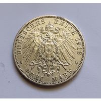3 марки 1913г 900пр., Башня.100 лет Битве при Лейпциге. Германия. Саксония.