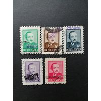 Польша 1950 Неполная серия марок с надпечаткой "GROSZY" 1948 года Mi.519-523 "Президент Болеслав Берут" (гашение одна с клеем остальные без, наклейки) Mi.622-626 каталог 27.00 евро