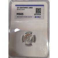 С рубля без мц! 25 сентимо 1960 Венесуэла ms 65 портретное серебро! Штемпельный блеск!
