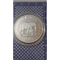 Танзания 100 шиллингов 1986 серебро слон с детёнышем