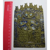 Икона. Всех Скорбящих Радость. Эмали (2 цвета), 19 век (Богородица без Младенца с разведенными в стороны руками, в правой руке - жезл), размер: 10 см. х 15 см. Красивая работа. Уверенный оригинал.