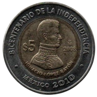 МЕКСИКАНСКИЕ СОЕДИНЁННЫЕ ШТАТЫ. 5 ПЕСО 2008. Игнасио Лопес Район. Двухсотлетие независимости. БИМЕТАЛЛ