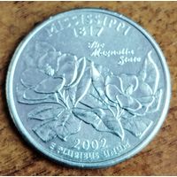 США 25 центов (квотер) 2002 г. D. Миссисипи.