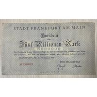 Банкнота 5 миллионов марок. Франкфурт на Майне. 1923 год. Веймарская республика. С рубля без МЦ