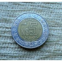 Werty71 Мексика 5 новых песо 1994 биметалл