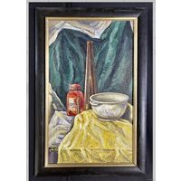 Скрипниченко Г.С. "Натюрморт" (с красной бутылкой) 1966г. ДВП, масло. Размер 61,5х37 см.