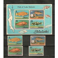 Малави-1977(Мих.285-288,БЛ.49),  ** ,   Морская  Фауна , Рыбы, (полная серия)